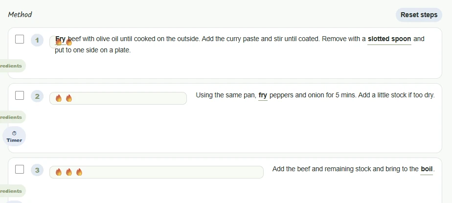 Recipe method showing step cards, ingredient controls and timer