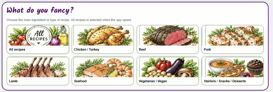 Got It? Make It! app showing the What do you fancy recipe chooser